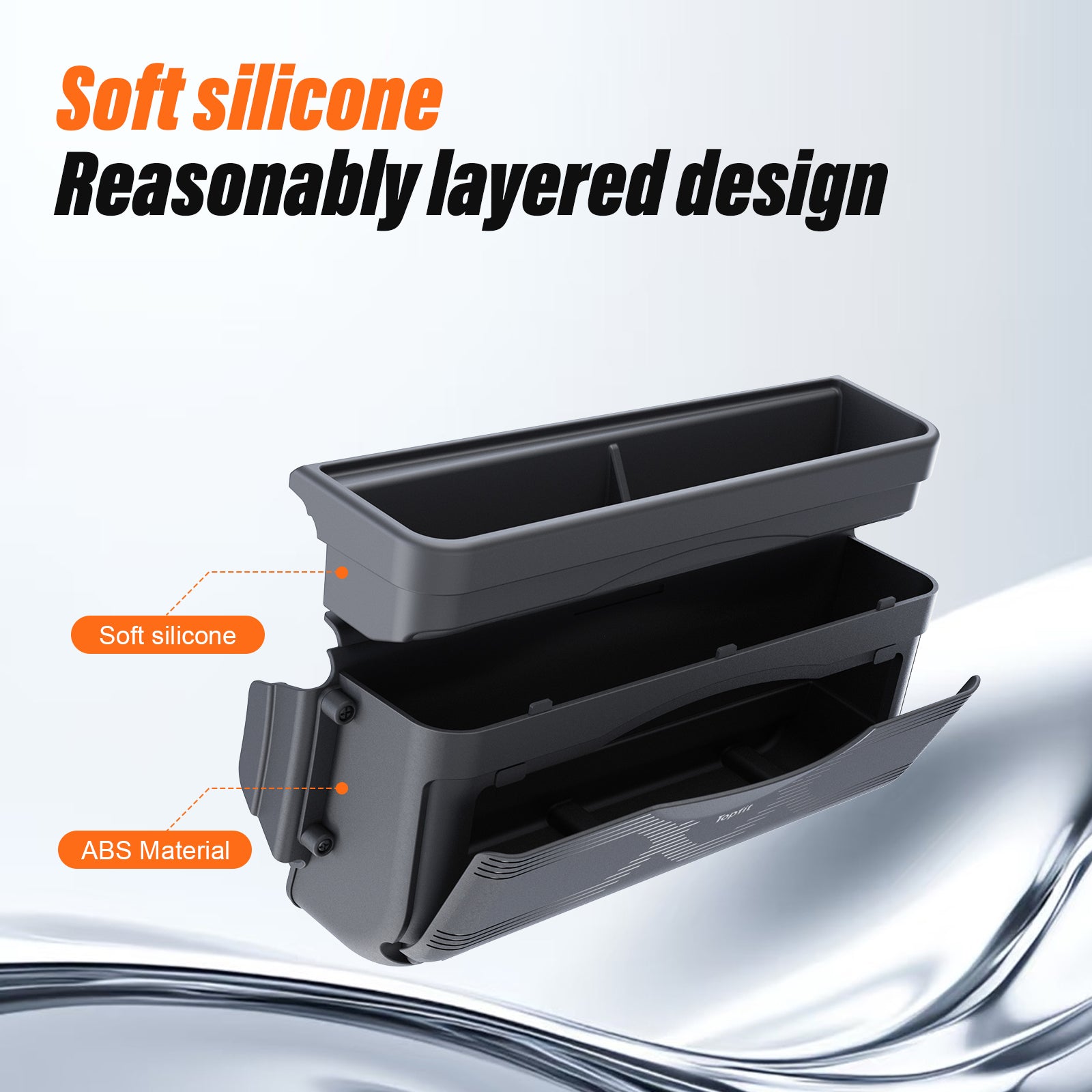 A structural view of the Tesla Model Y Highland's driver-side mini glove box, highlighting the soft silicone top tray and durable ABS base, with a well-thought-out design.
