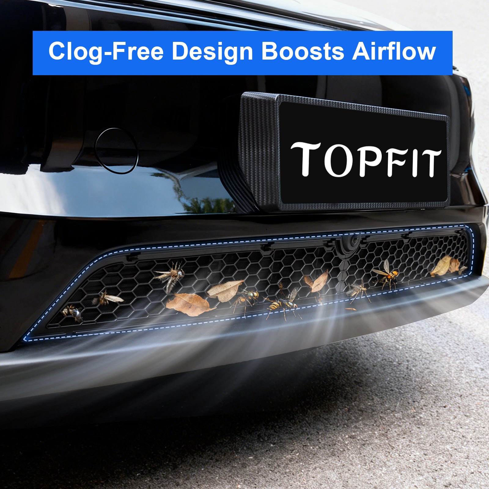 2025+ Tesla Model Y Refresh grille guard blocking bugs and leaves to prevent AC odors.