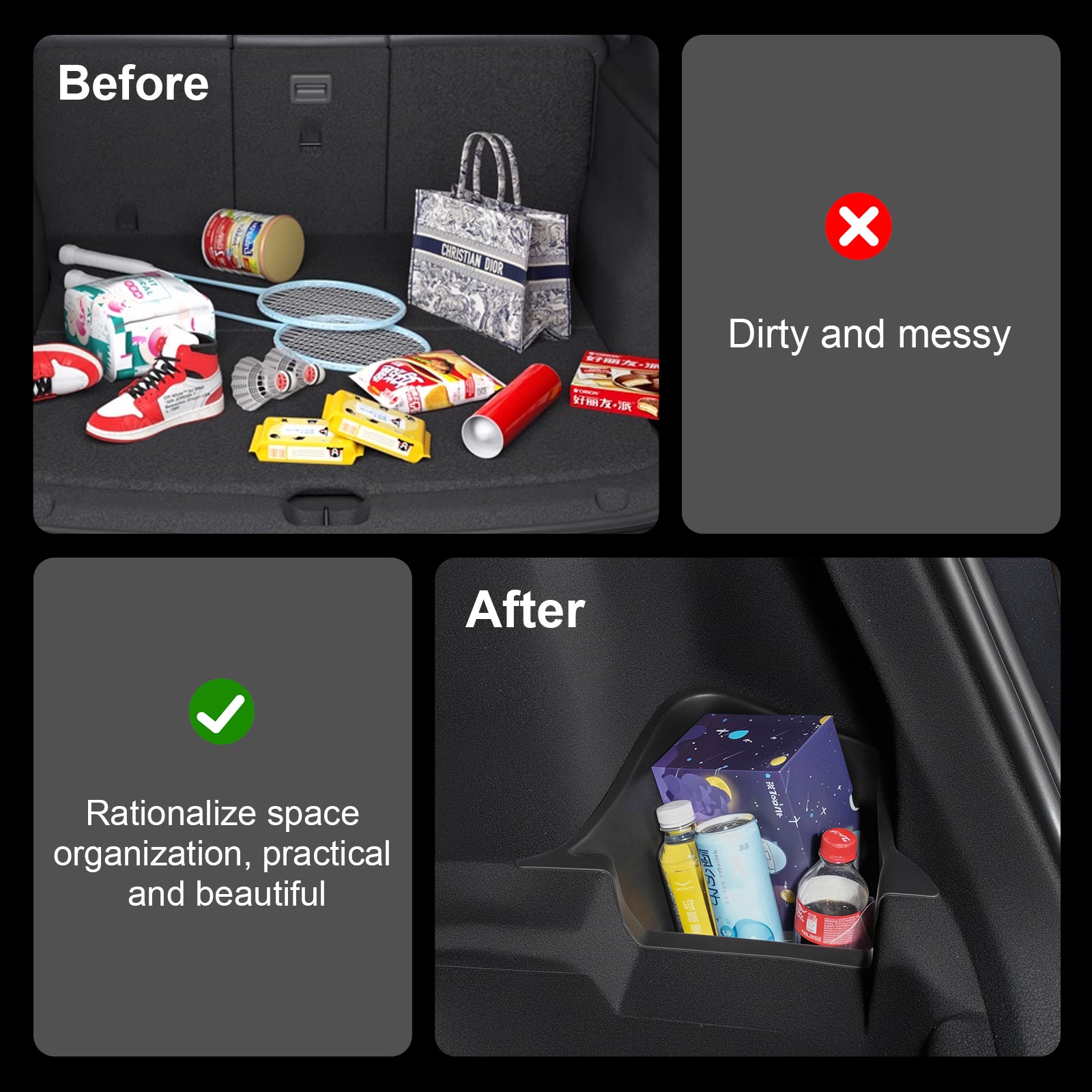 Maximize Cargo Capacity: Utilizes dead space on the sides of the trunk to store more gear.