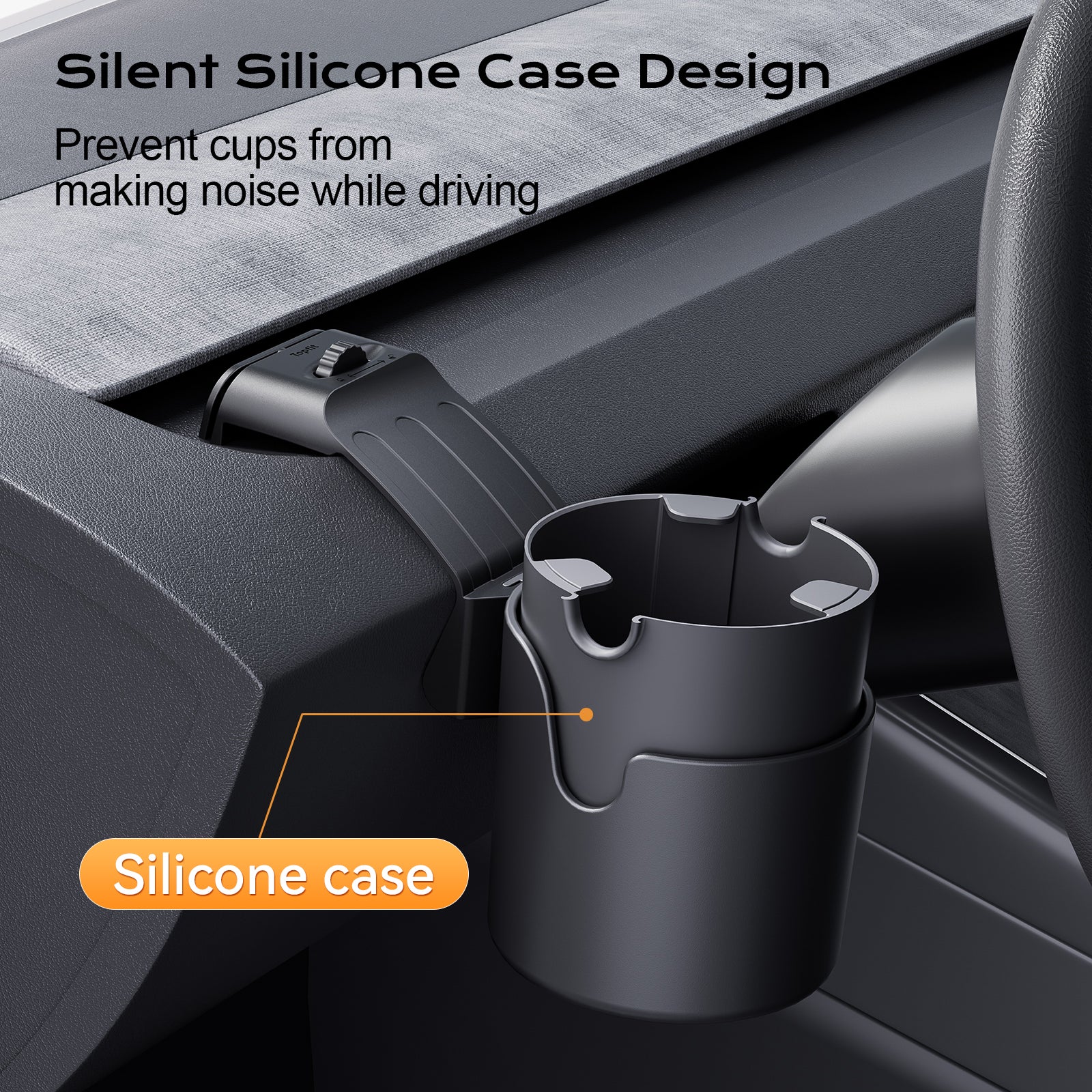 Silicone-lined dashboard cup holder for Tesla, prevents rattling noise while driving.