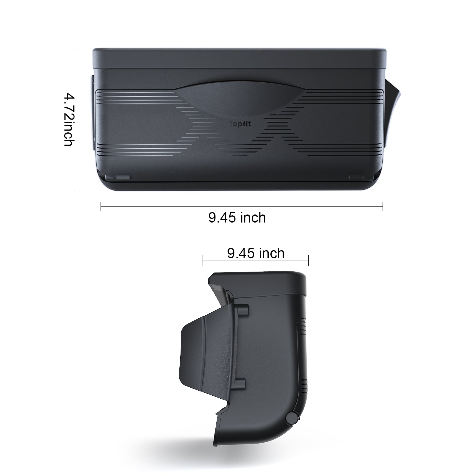 Dimension diagram of the Topfit mini glove box for Tesla Model Y Highland. Measures 9.45 inches in length and 4.72 inches in height, showing the compact black design and side mounting structure.