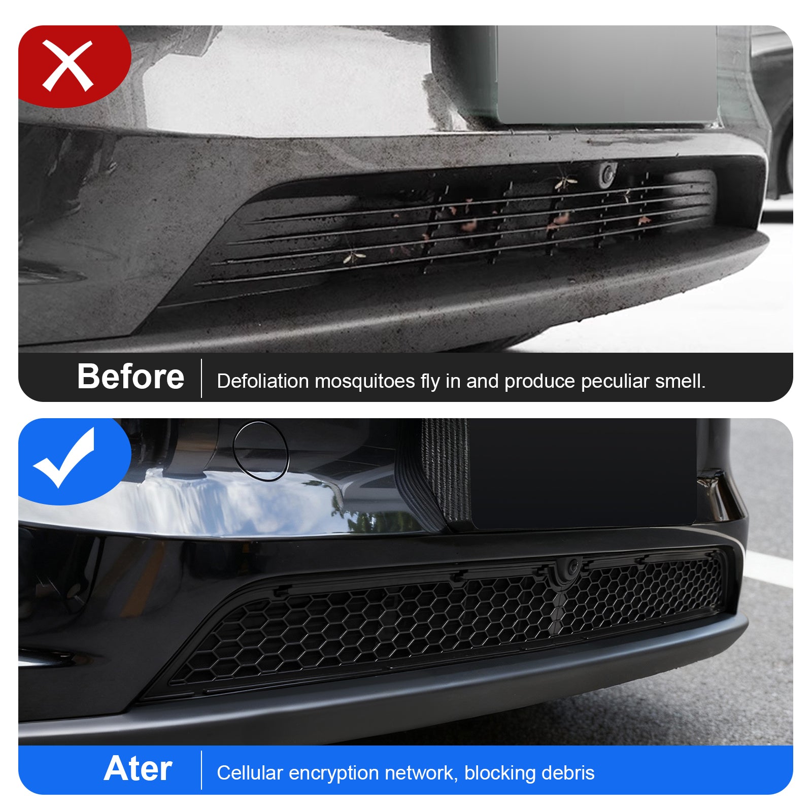 Before & After: 2025+ Tesla Model Y Refresh grille guard blocks bugs to prevent AC odors.