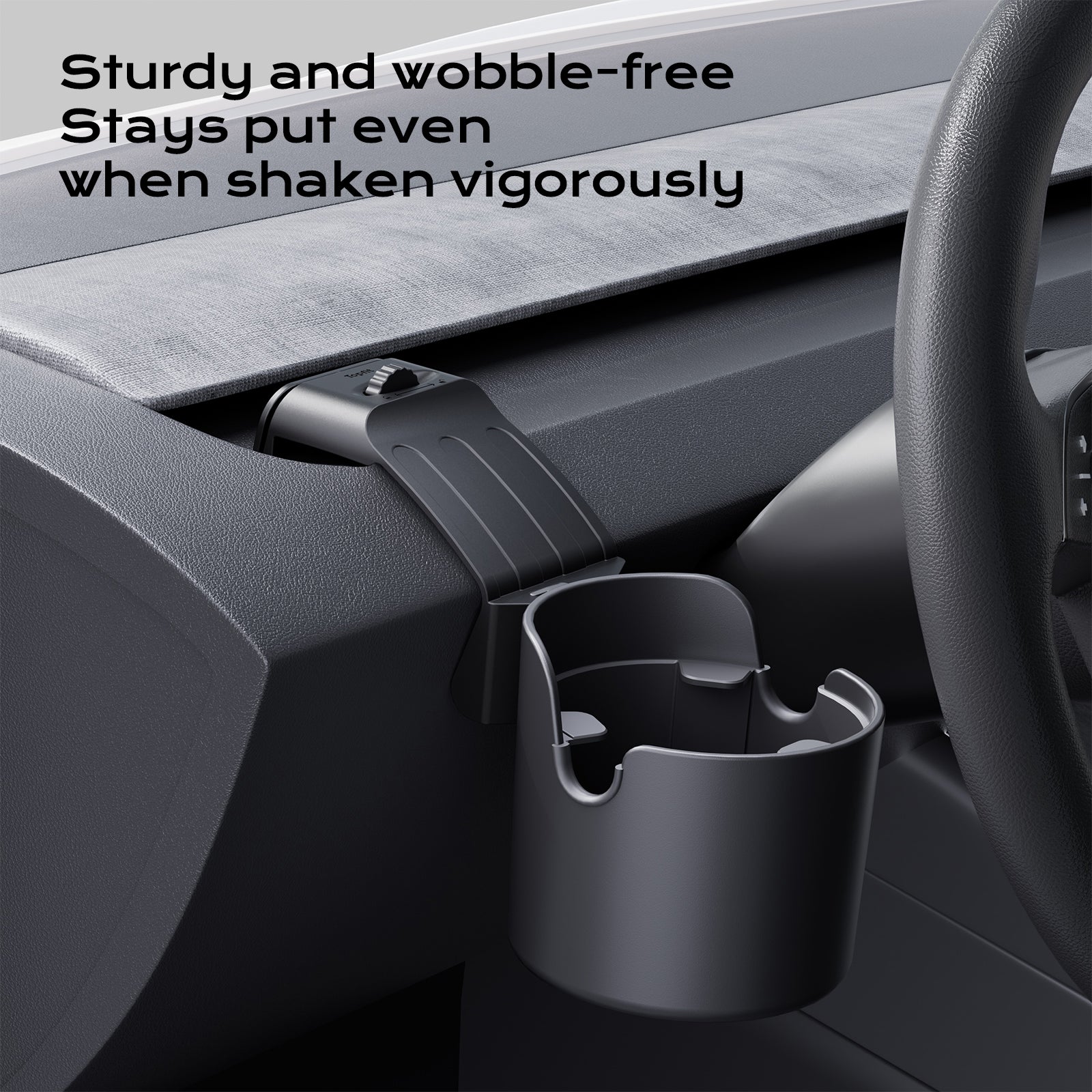 Sturdy, wobble-free dashboard cup holder for Tesla Model 3 (2023+) and Model Y (2025+), stays secure even during vigorous shaking.