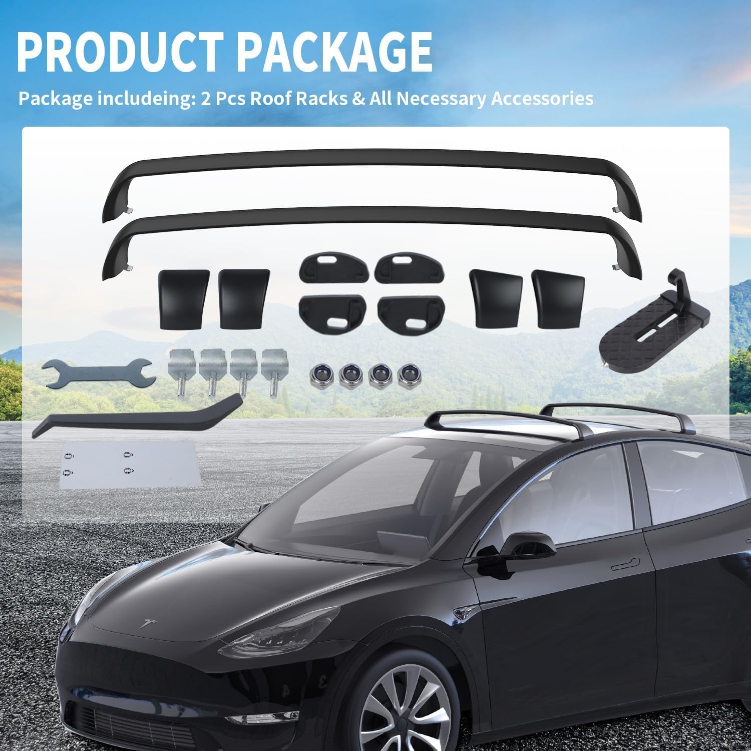 Product package for Tesla Model Y roof rack system, including 2 black aerodynamic crossbars, mounting hardware, rubber gaskets, T-slot adapters, and installation tools, displayed above a black Tesla Model Y with installed roof racks against a mountain backdrop.