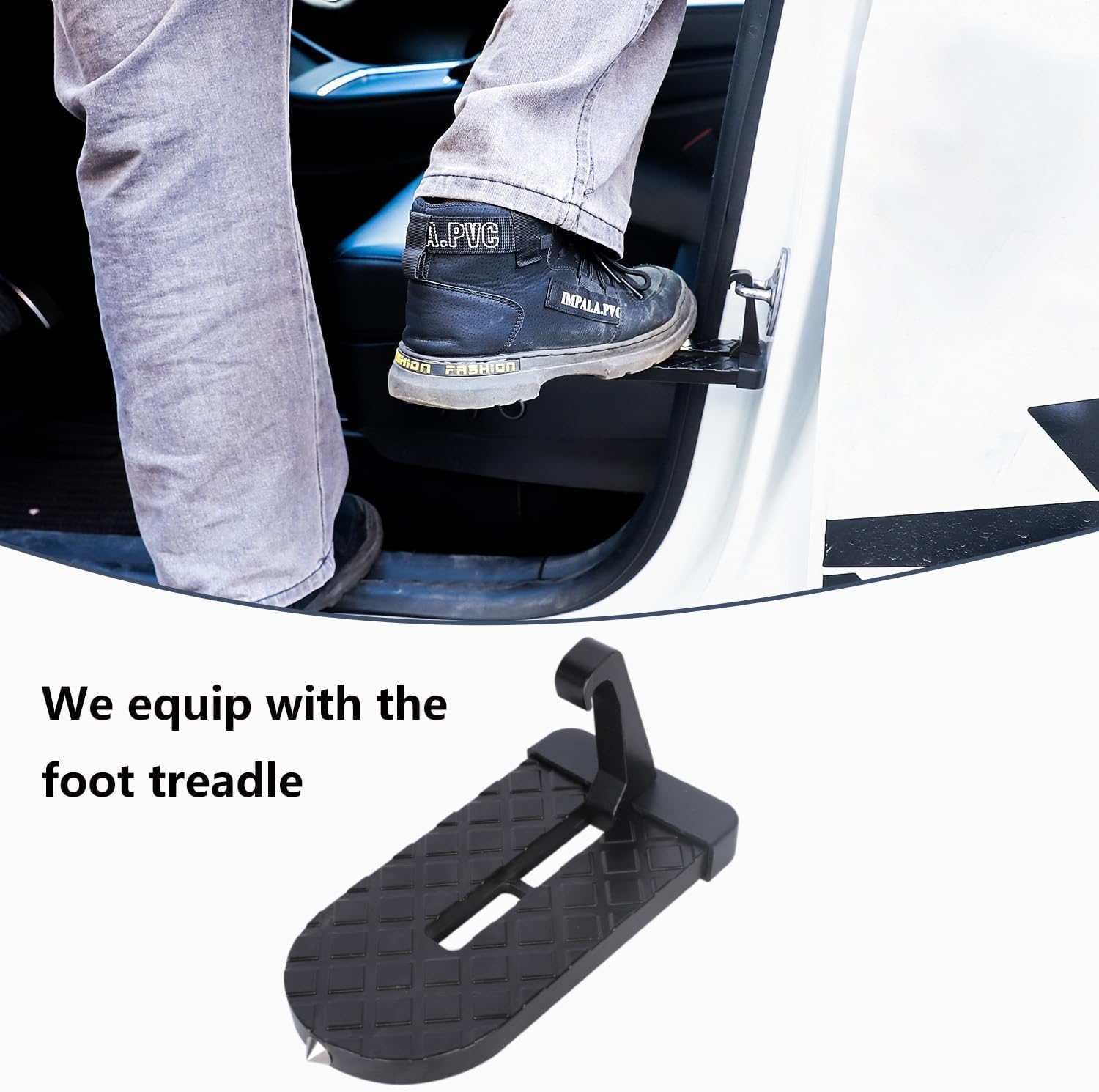 Person using a black anti-slip car door step to climb onto the roof of a white SUV, with a close-up of the foldable foot treadle accessory.