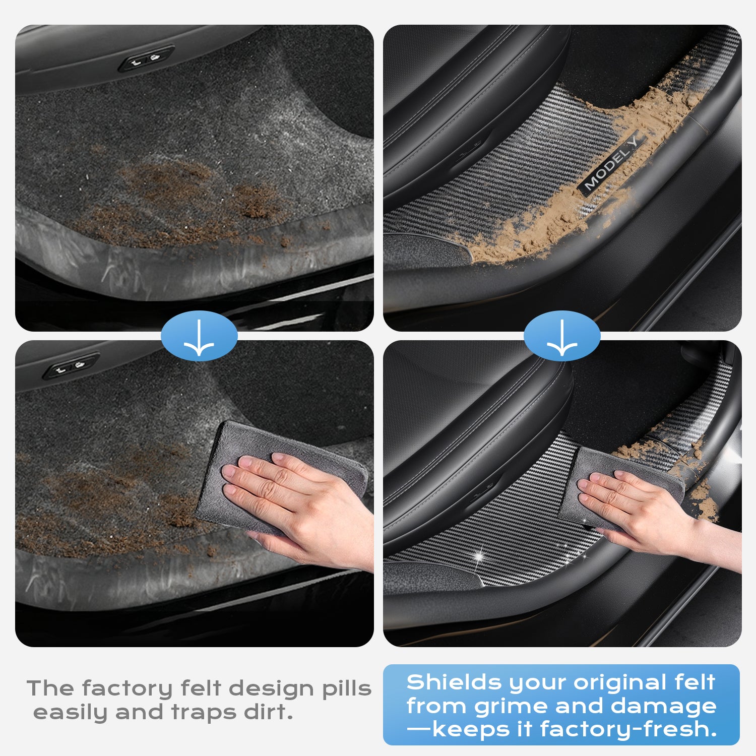 Easy-to-clean carbon fiber door sill protector vs factory felt – wipes clean instantly, prevents dirt buildup and pilling