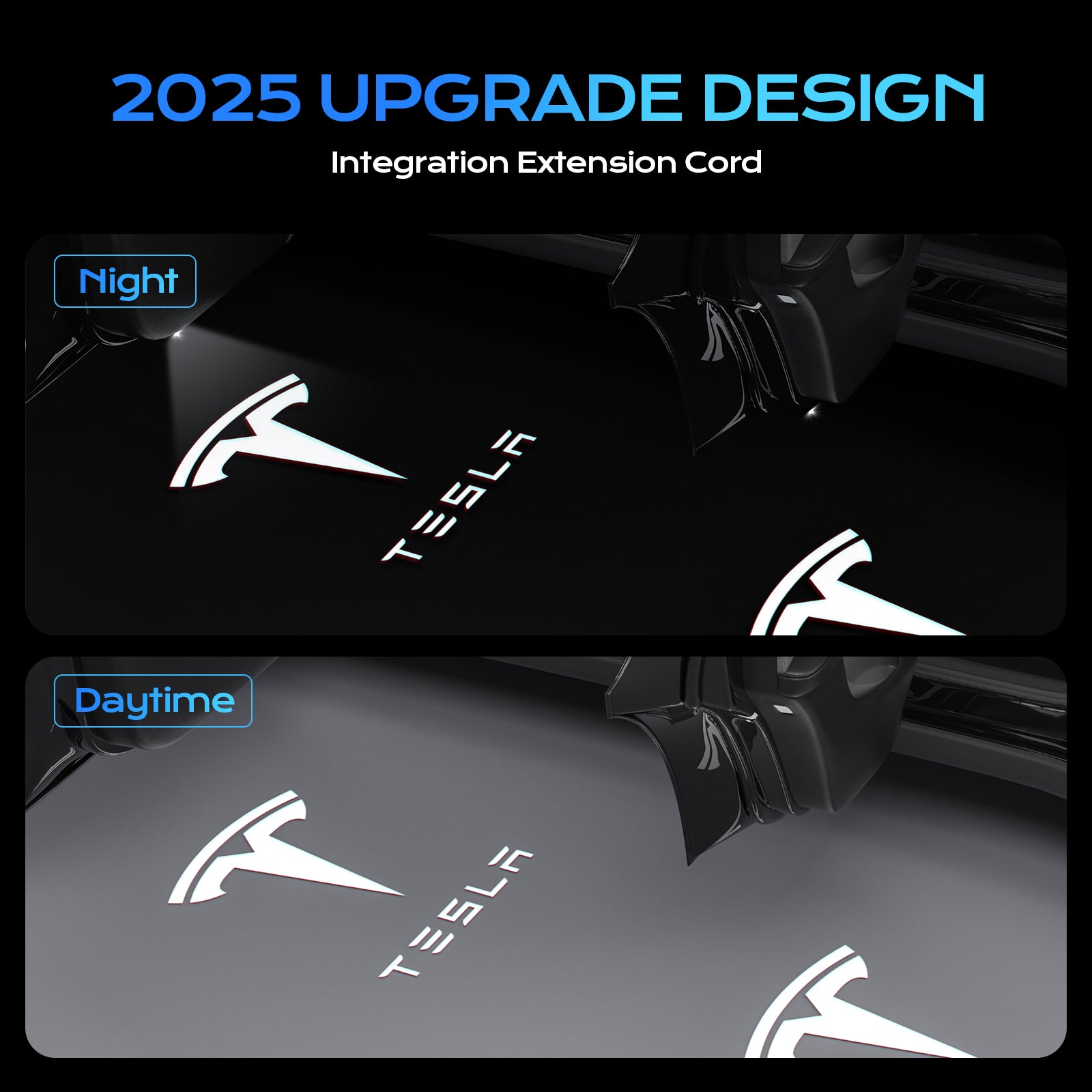 2025 upgraded Tesla door light with integrated extension cord, showcasing crisp white logo projection in both night and daytime conditions for enhanced visibility and premium aesthetics.