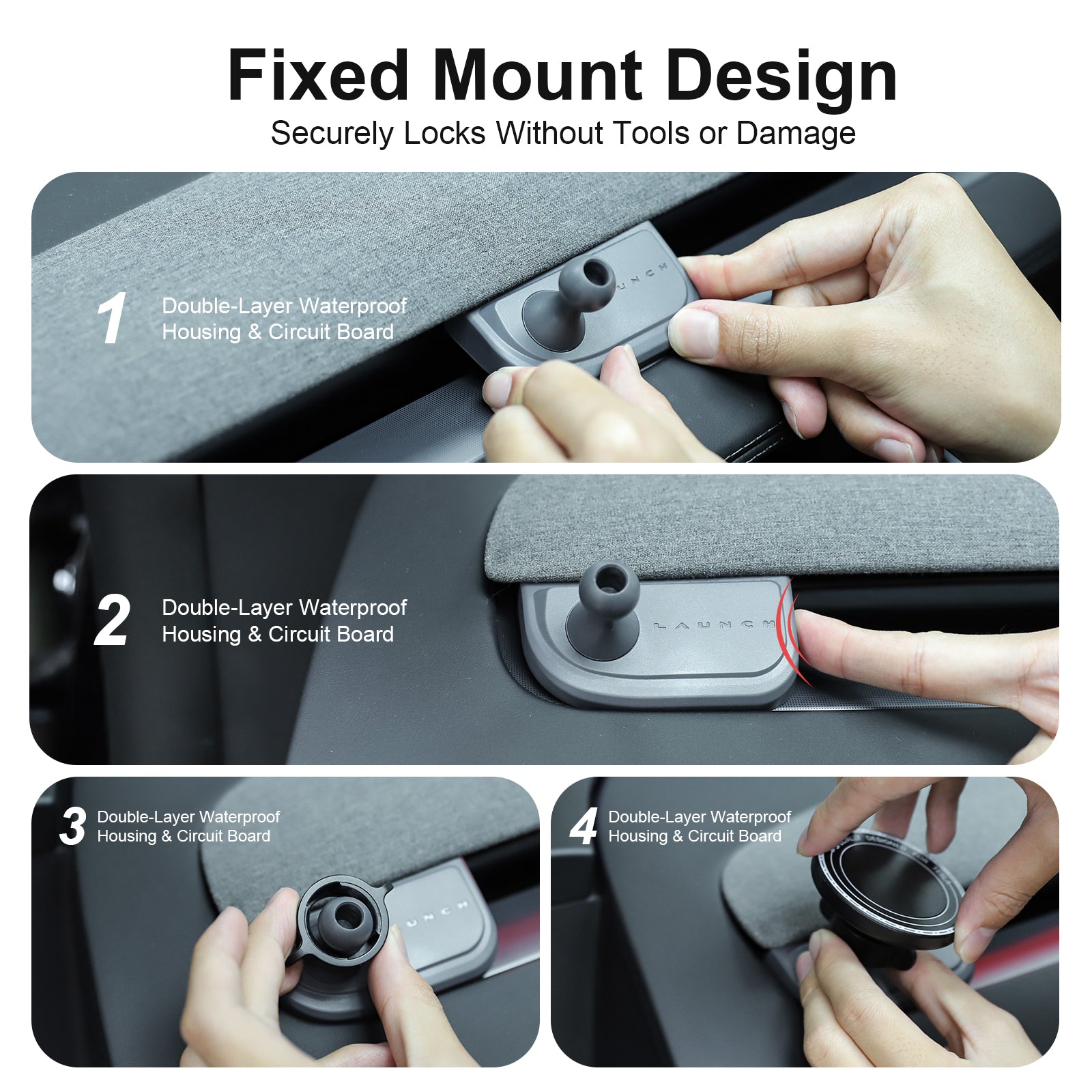 Installation guide for Tesla Model 3/Y phone mount: fixed base securely clips into dashboard gap without tools or damage, showing step-by-step assembly of the magnetic holder