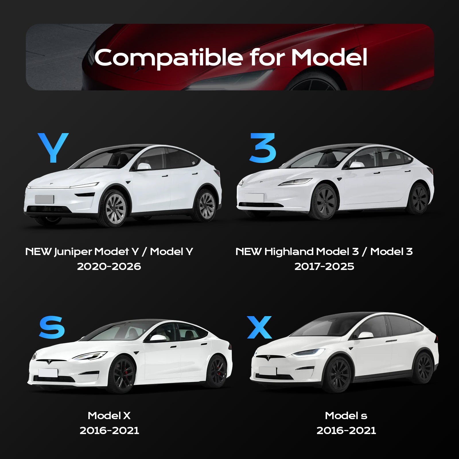 Compatibility chart for Tesla door lights, showing fitment for Model Y (2020-2026), Model 3 (2017-2025), Model X (2016-2021), and Model S (2016-2021), including New Juniper and Highland versions.