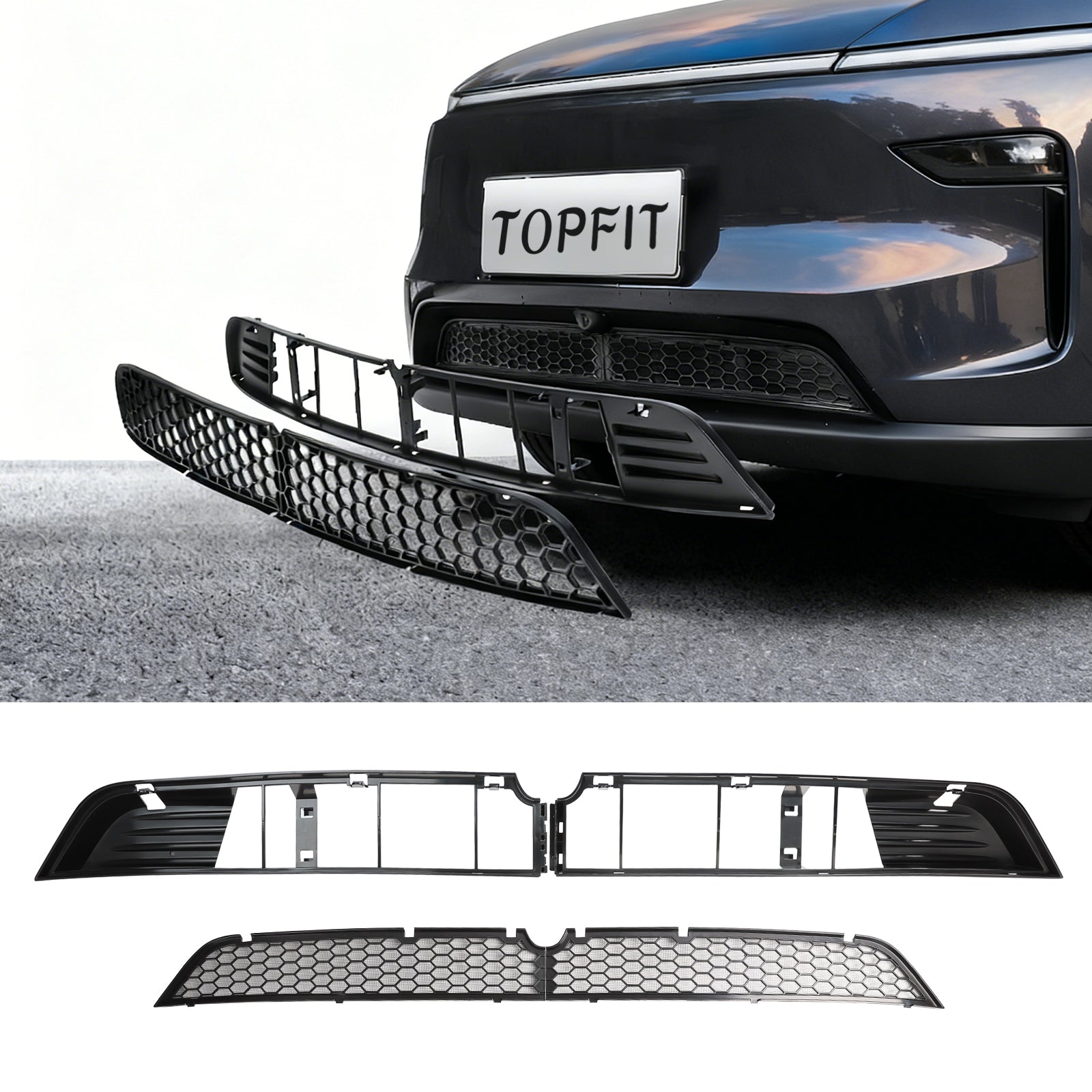 Detachable honeycomb mesh grille guard for 2025+ Tesla Model Y Refresh, designed to block insects and debris while allowing easy removal for cleaning or maintenance.