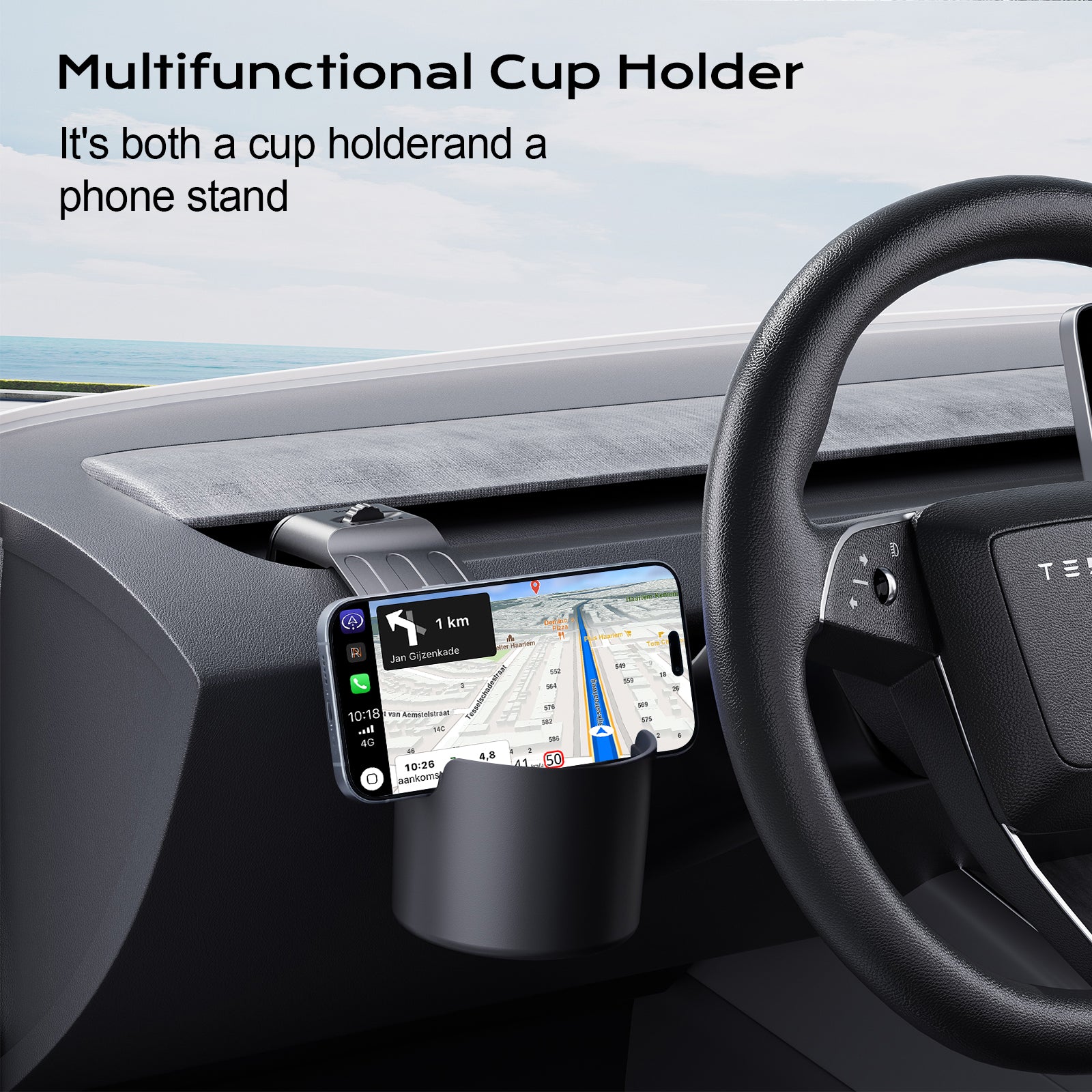 Multifunctional dashboard cup holder for Tesla, doubles as a phone stand