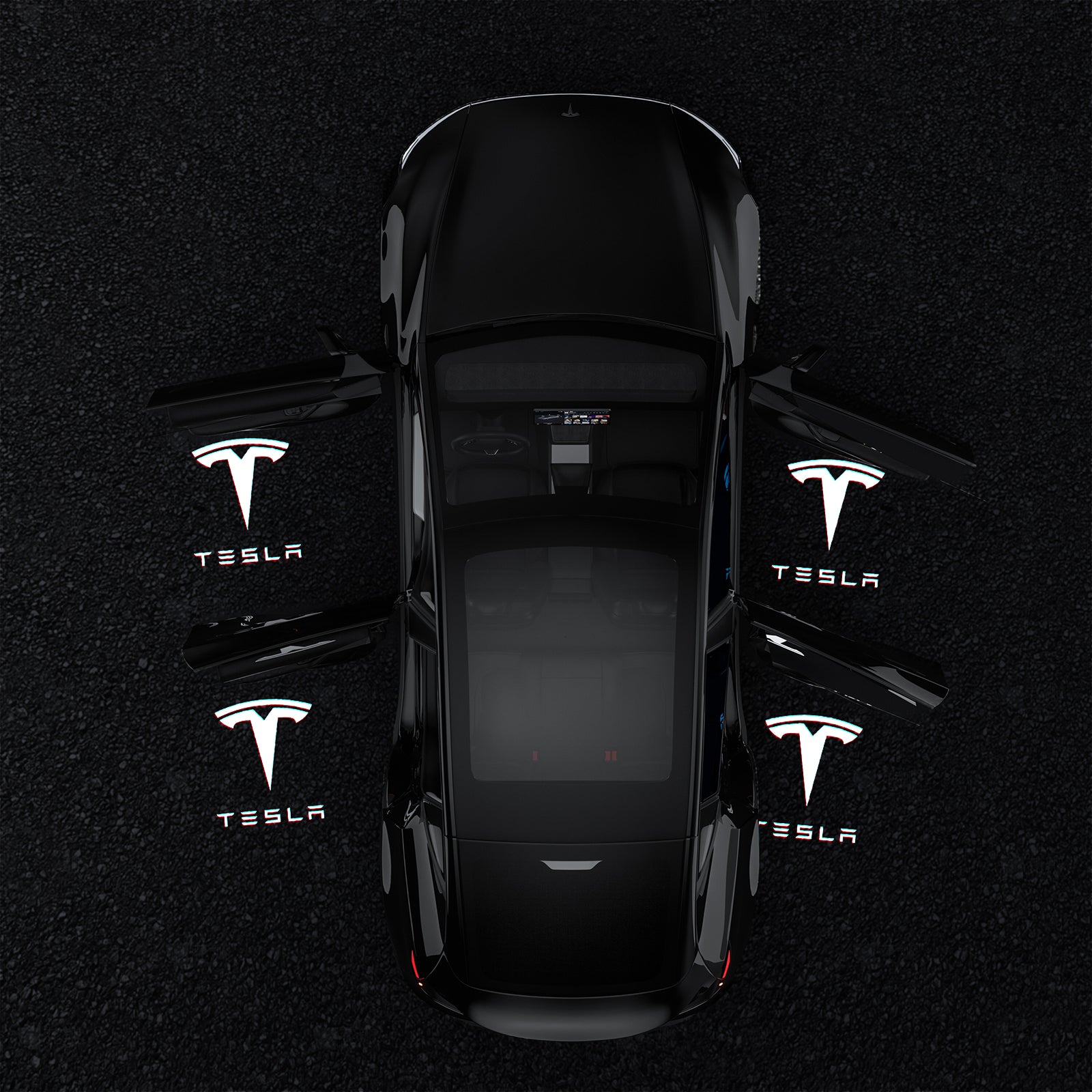 Aerial view of a black Tesla with all doors open at night, displaying four bright 3D laser projections of the Tesla logo and text on the ground, highlighting the product’s clarity, coverage, and premium ambiance.