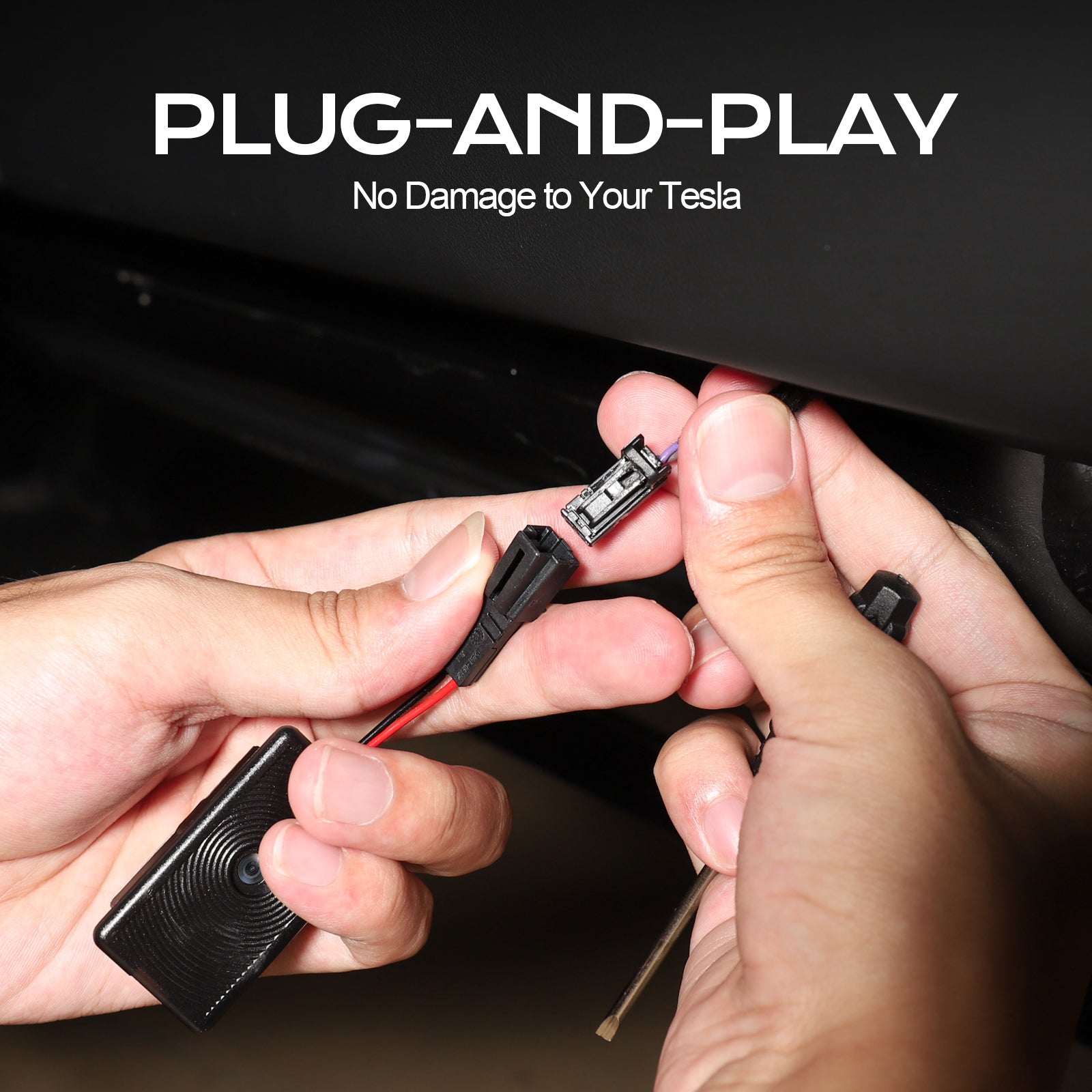 Close-up of hands installing a Tesla door light with plug-and-play connector, demonstrating easy, no-damage installation without wiring or tools, ensuring a safe and simple upgrade for Model 3/Y owners.