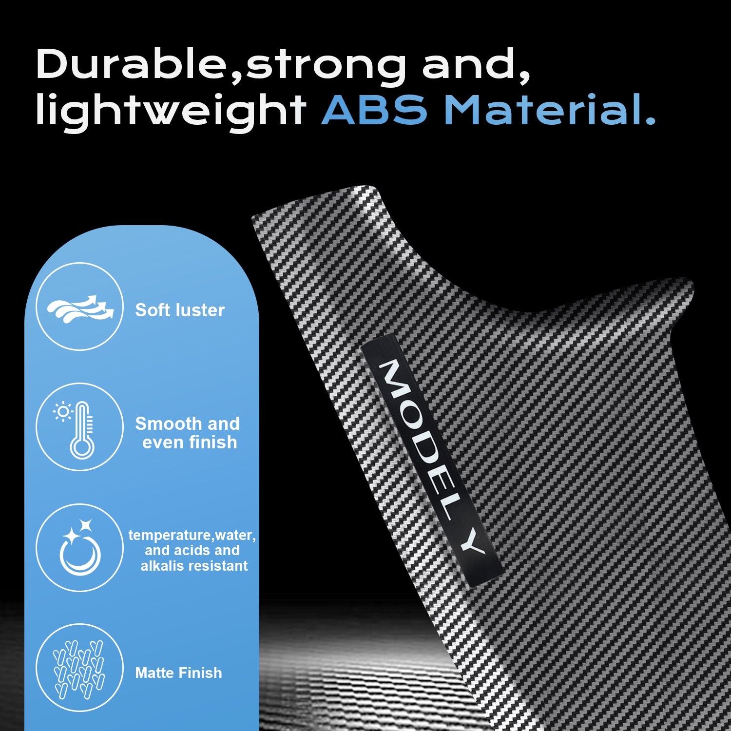 Close-up of durable ABS carbon fiber door sill protector – matte finish, scratch-resistant texture for Tesla Model Y accessories