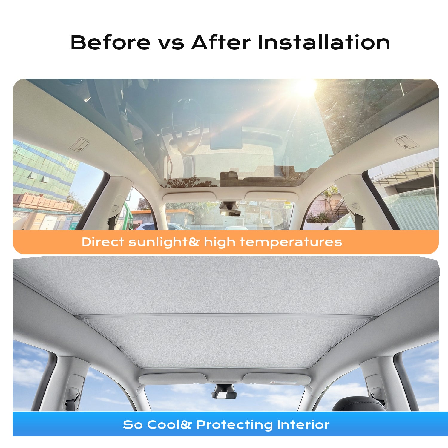 Before and after comparison of Tesla sunshade installation: blocking direct sunlight and heat to keep the interior cool and protected.