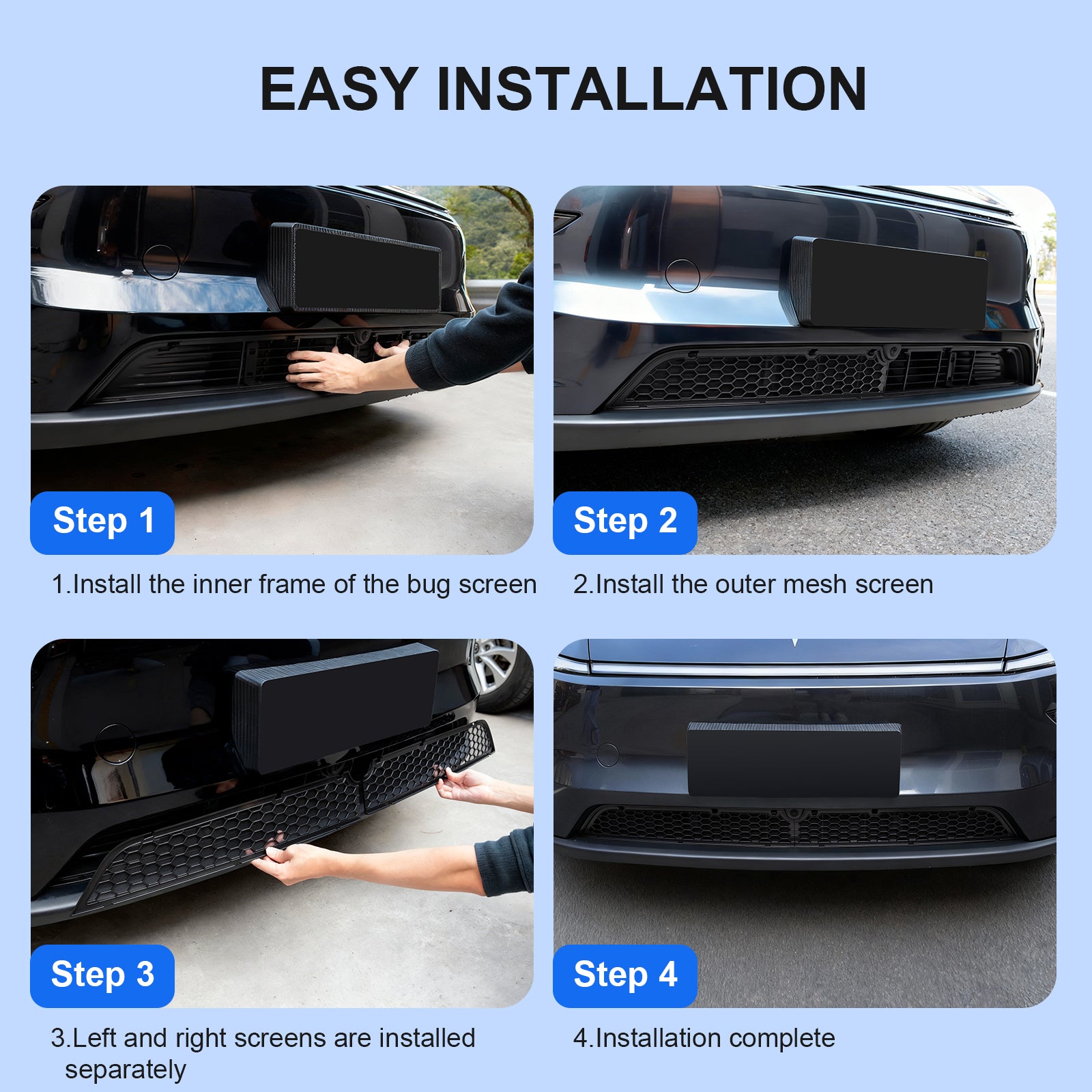 4-step easy installation for 2025+ Tesla Model Y Refresh bug screen: inner frame → outer mesh → left/right panels → complete.