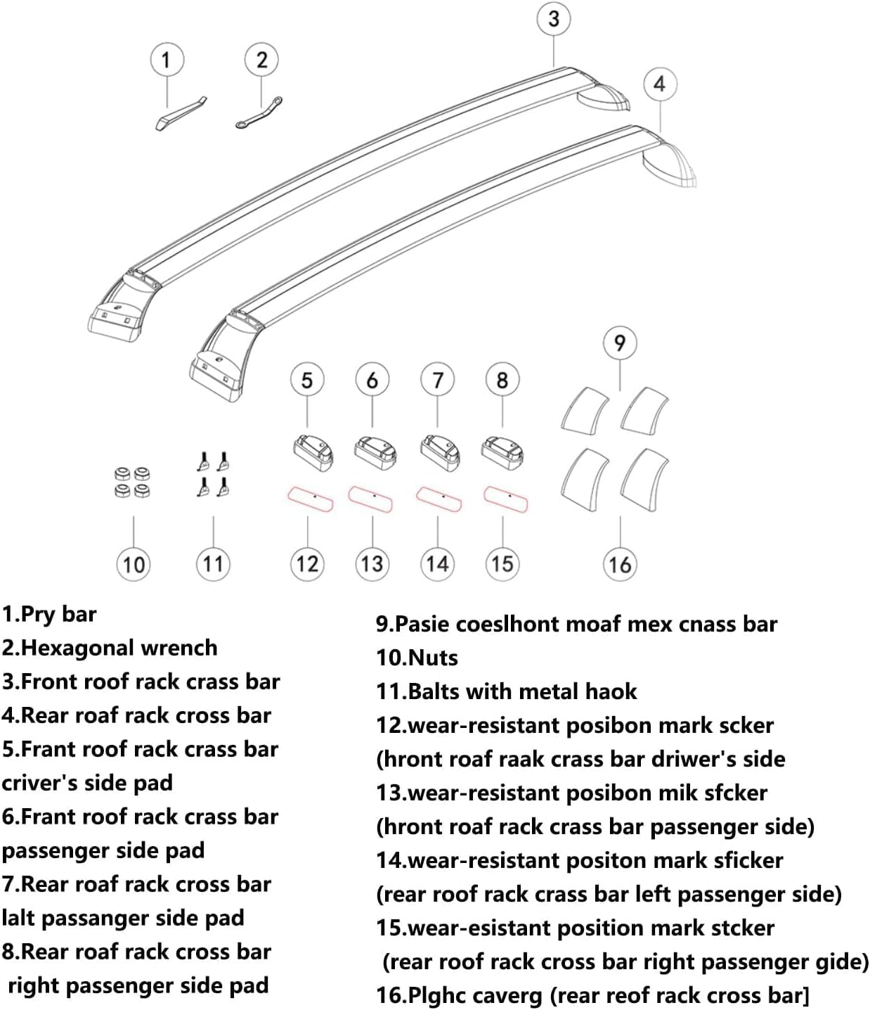Exploded diagram of a roof rack kit showing two crossbars (front and rear), a pry bar, hexagonal wrench, nuts, bolts with metal hooks, side pads, and wear-resistant position stickers for installation.