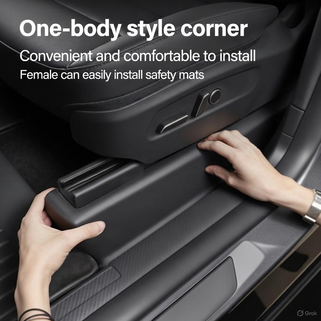Easy installation of one-piece seat rail cover for Tesla Model Y, showing hands fitting the protective mat onto the seat track without tools.