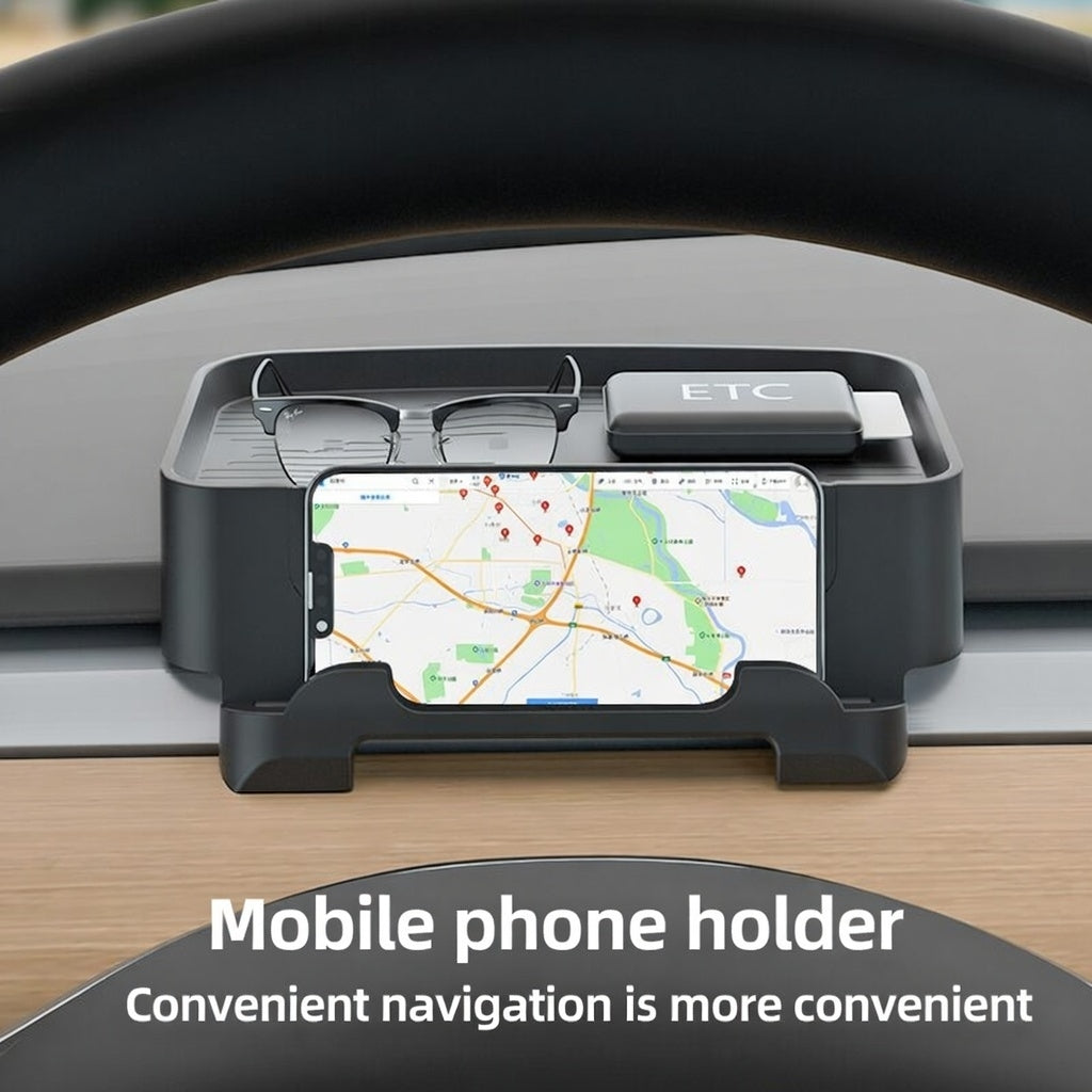Title: Multipurpose Console Organizer
Description: Combines a stable phone stand with convenient storage for glasses and cards. The ultimate space-saver for your Tesla's dashboard.